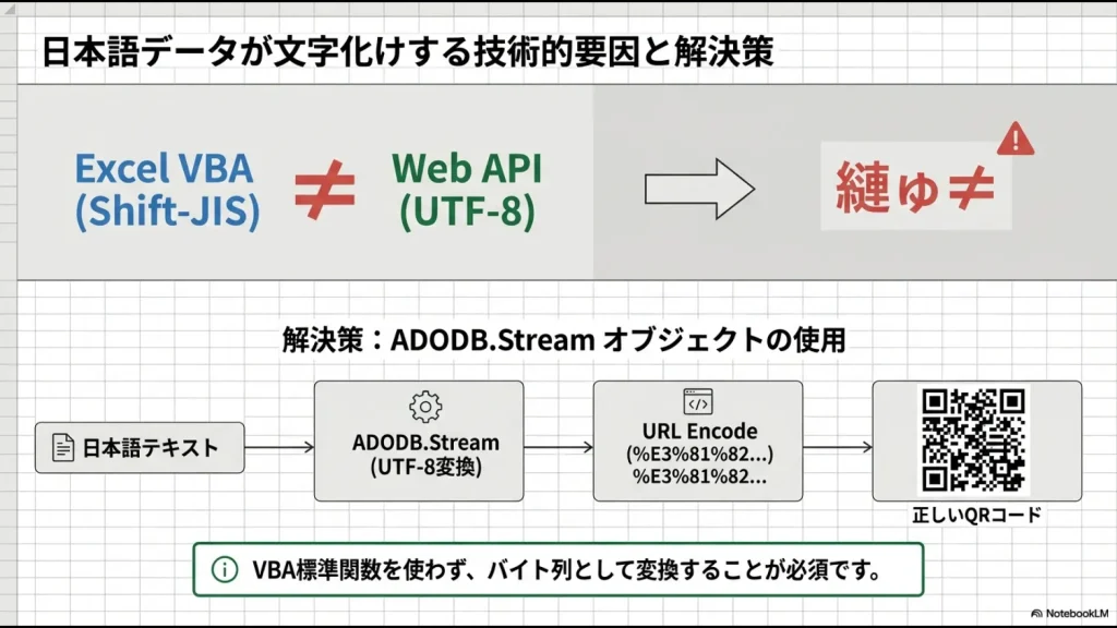 Shift-JISとUTF-8の文字コード不一致による文字化けと、ADODB.Streamによる変換フローの図