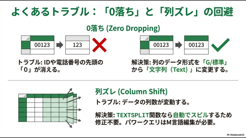 IDの先頭の0が消えるトラブルの解決策と、データ列数の変動に対応するTEXTSPLIT関数のメリットを図解したスライド