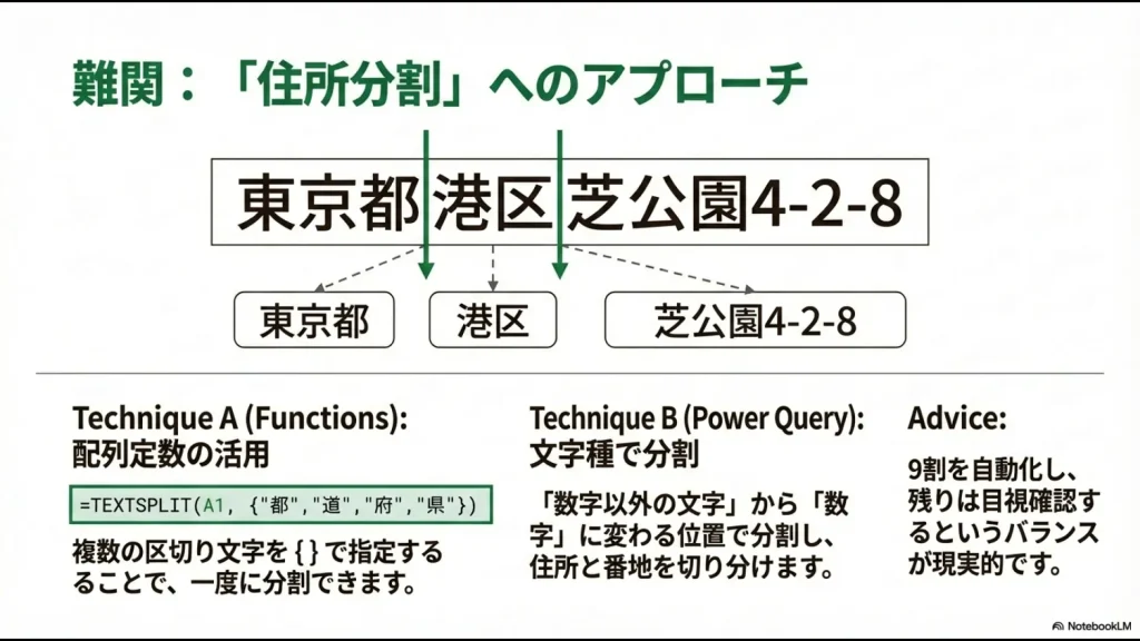 配列定数を使ったTEXTSPLIT関数での分割と、パワークエリの文字種（数字・非数字）による番地切り分けの実装図解