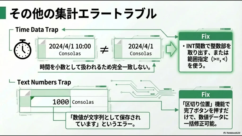 時刻が含まれる日付データのINT関数による修正と、文字列として保存された数値の一括変換手順