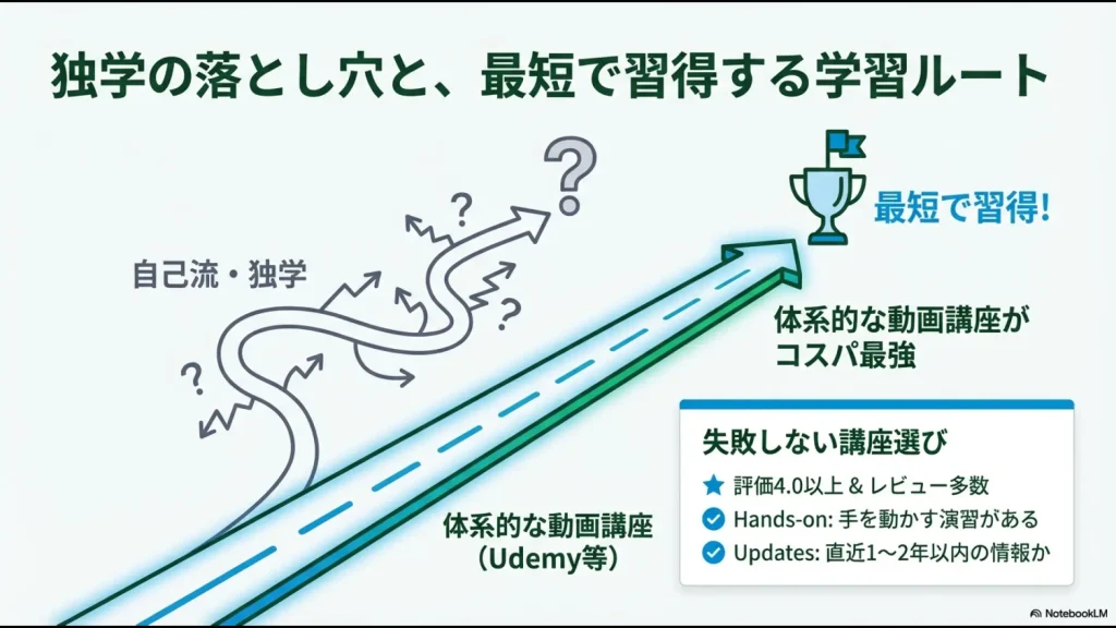 自己流の独学による迷走と、Udemy等の体系的な動画講座による最短習得ルートの比較図