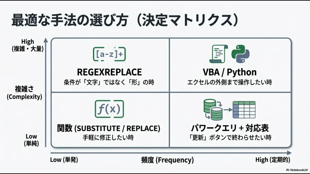 データの複雑さと頻度に応じた置換手法の決定マトリクス。関数、パワークエリ、正規表現、VBA/Pythonの使い分け