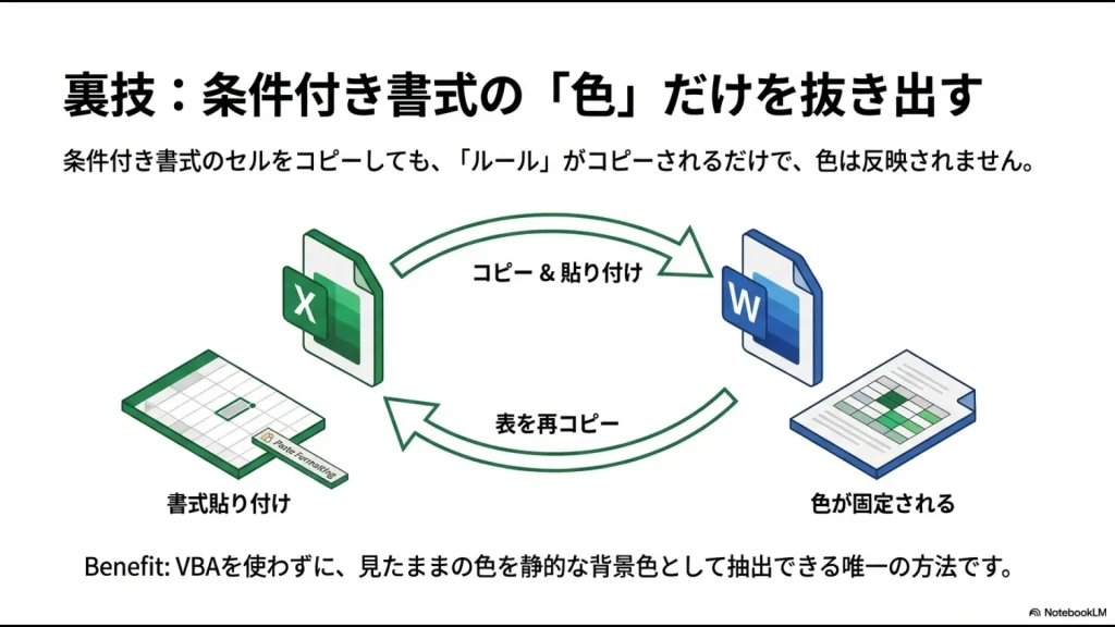 エクセルの条件付き書式をWordに貼り付けて色を固定化し、再度エクセルに戻す手順のフロー図