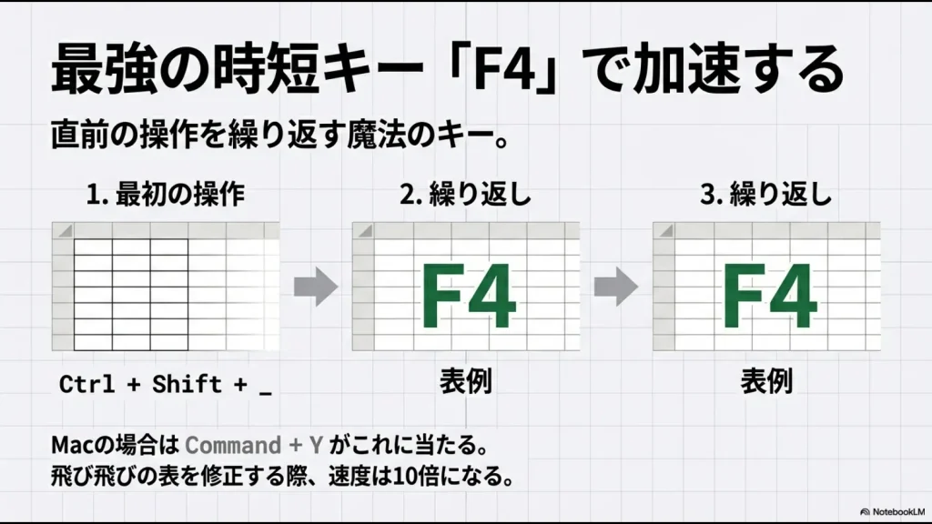 最初のセルで罫線を消した後、次のセル、その次のセルとF4キーだけで連続して操作を繰り返す様子を示すイラスト。