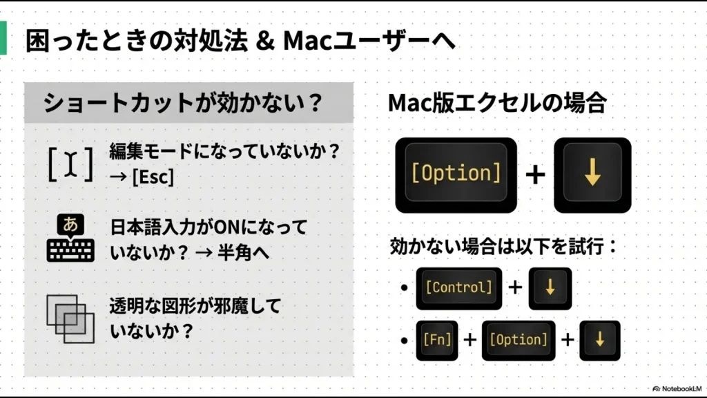 オートフィルターのON/OFFやメニュー展開、および記事で紹介した主要なプルダウンショートカットのまとめ表