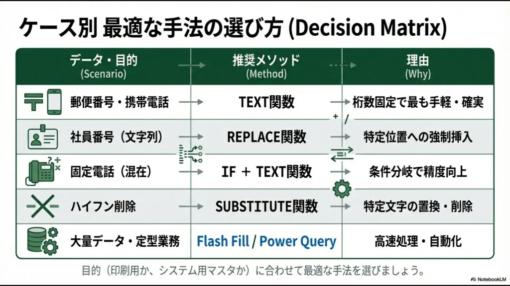 郵便番号、社員番号、固定電話などのデータ種別や目的に応じて、最適な関数や機能を選ぶための決定マトリックス図スライド