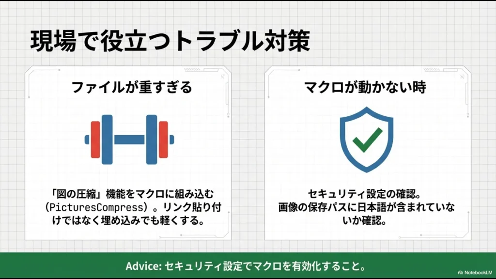 ファイルの軽量化（図の圧縮）やセキュリティ設定、保存パスの確認など、マクロが動かない時のチェック項目