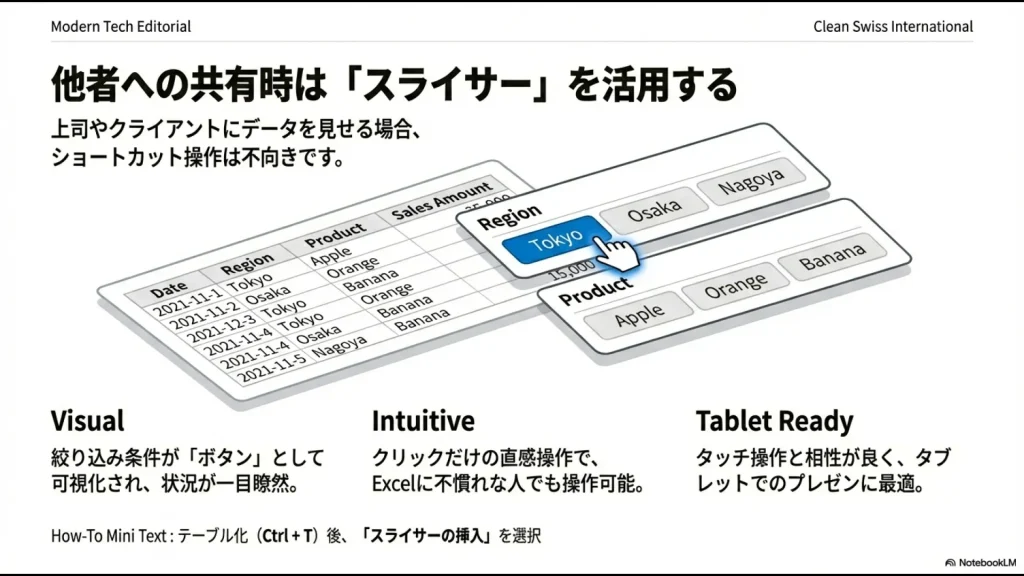 Excelのスライサー機能のイメージ。ボタンクリックで直感的にデータを絞り込む様子。