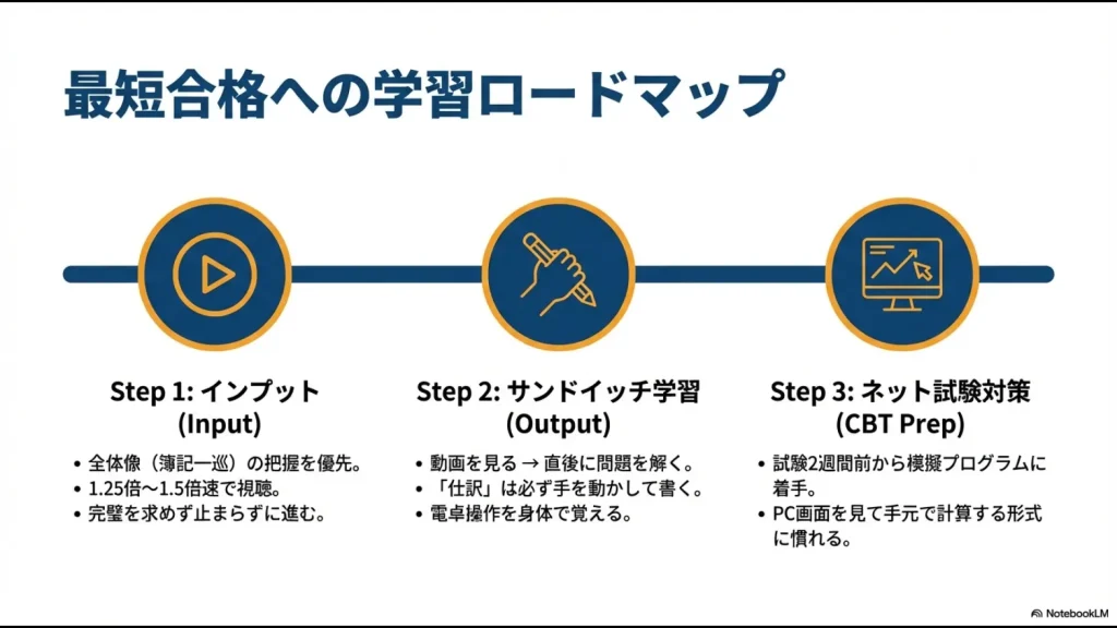 インプット、サンドイッチ学習、ネット試験対策の3段階で効率的に合格を目指すロードマップ