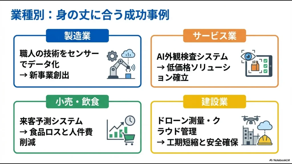 製造、小売・飲食、サービス、建設の各業種におけるDXの取り組みと成果の比較図。