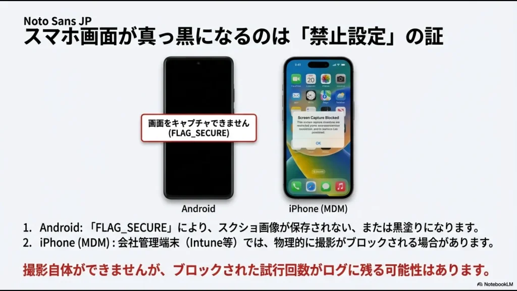 AndroidのFLAG_SECURE機能やiPhoneのMDM制御により、スクリーンショット撮影が物理的にブロックされ画面が真っ黒になる様子
