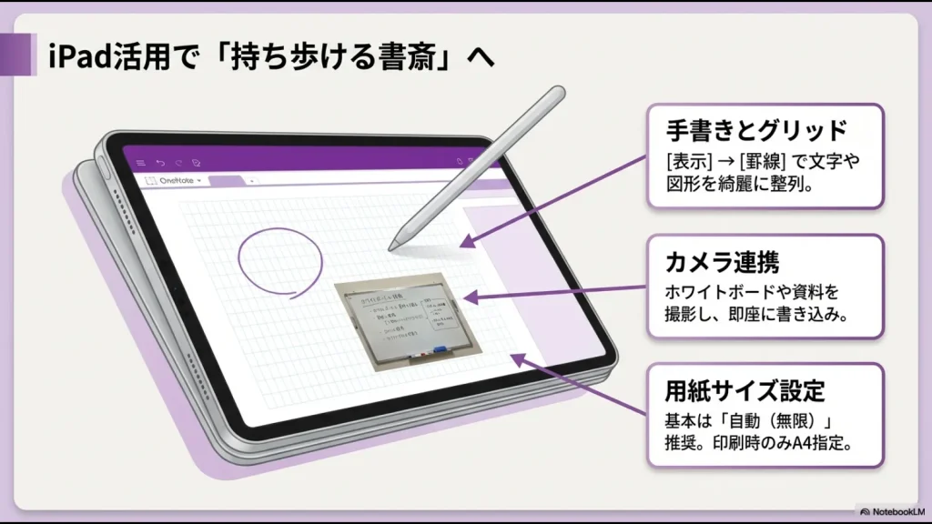 OneNoteで画像を右クリックして「画像を背景に設定」を選択し、枠線を固定する操作画面の解説