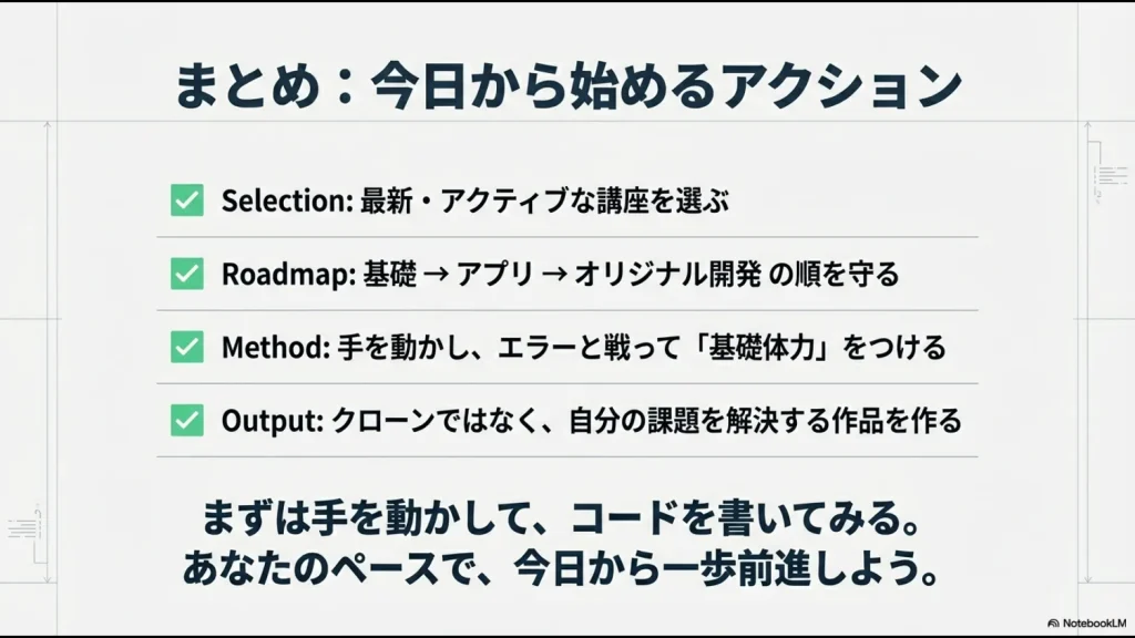 講座選定、ロードマップ、学習メソッド、アウトプットの4項目をまとめた最終確認リスト