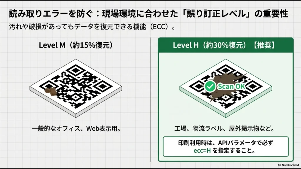 汚れがあるQRコードでもレベルHならスキャン可能であることを示す比較イメージ