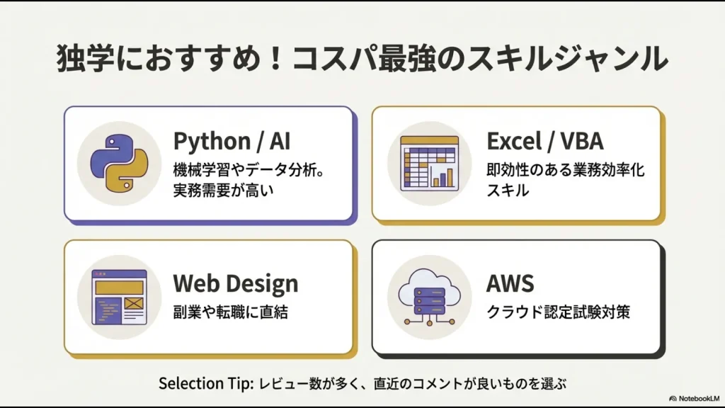 Python、Excel、Webデザイン、AWSなど、Udemyで投資価値の高い学習ジャンル一覧