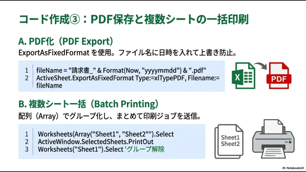 ExportAsFixedFormatによるPDF保存と、Arrayを使用した複数シート一括印刷のコード解説。