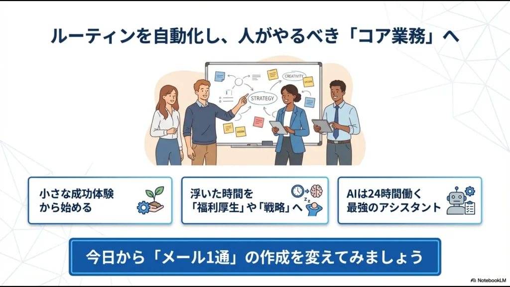 AIをアシスタントとして活用し、浮いた時間を福利厚生や戦略立案などのコア業務へ向けるためのビジョン