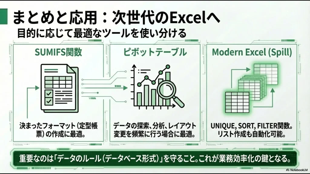 SUMIFS関数、ピボットテーブル、最新のスピル関数の特徴と比較まとめ表