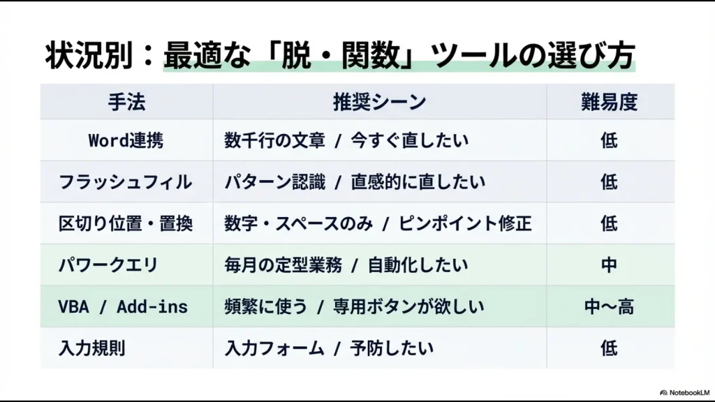 データの規模や頻度、難易度に応じて、Word連携、フラッシュフィル、パワークエリなどの手法をどのように選ぶべきかを示す比較表の画像。