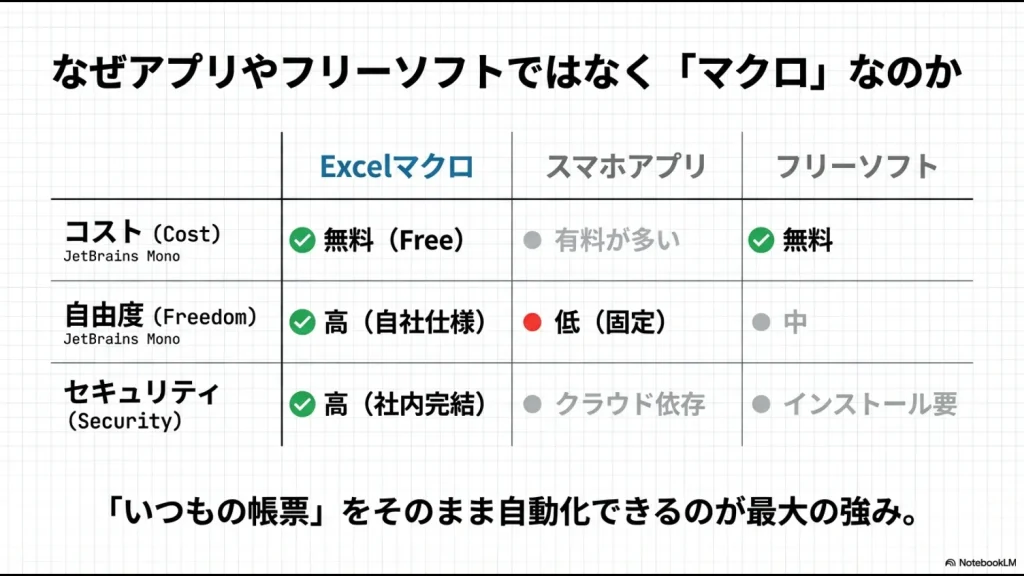 エクセルマクロ、スマホアプリ、フリーソフトを、費用やカスタマイズ性、セキュリティの観点から比較した表