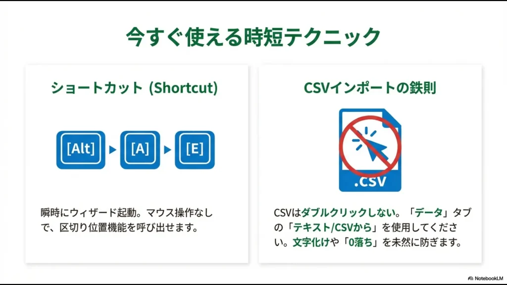 Alt+A+Eのショートカットキー操作と、CSVファイルをダブルクリックせず「データ」タブから取り込むべき理由を示したアイコン画像