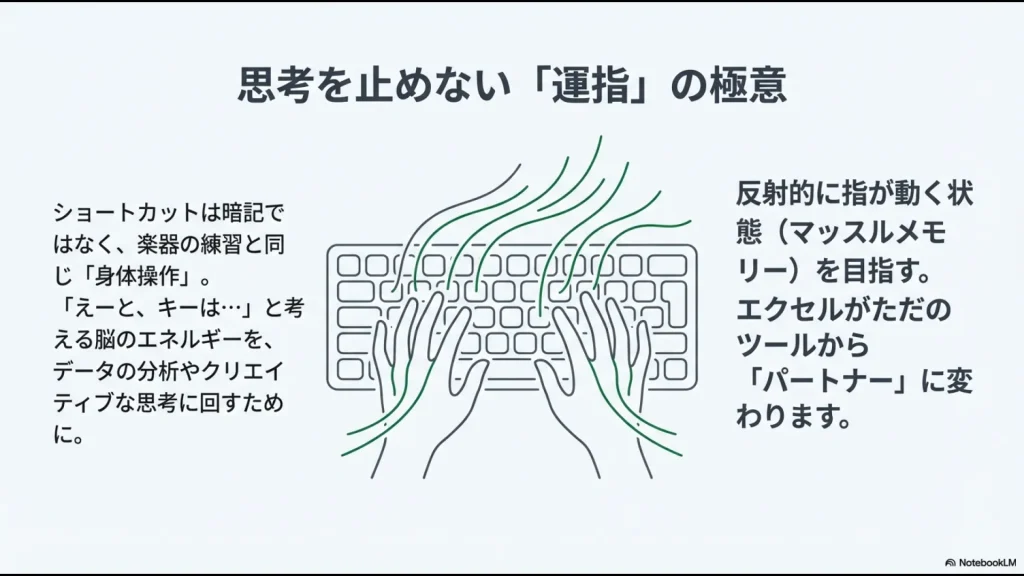 キーボードを打つ両手のイラストと反射的に指が動くマッスルメモリーの解説