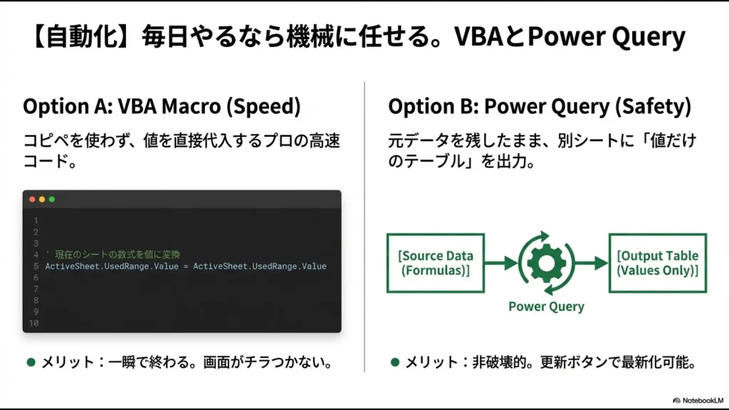大量データの値変換を自動化するVBAマクロ（高速代入）と、元のデータを残したまま値を抽出するPower Queryのメリット比較図