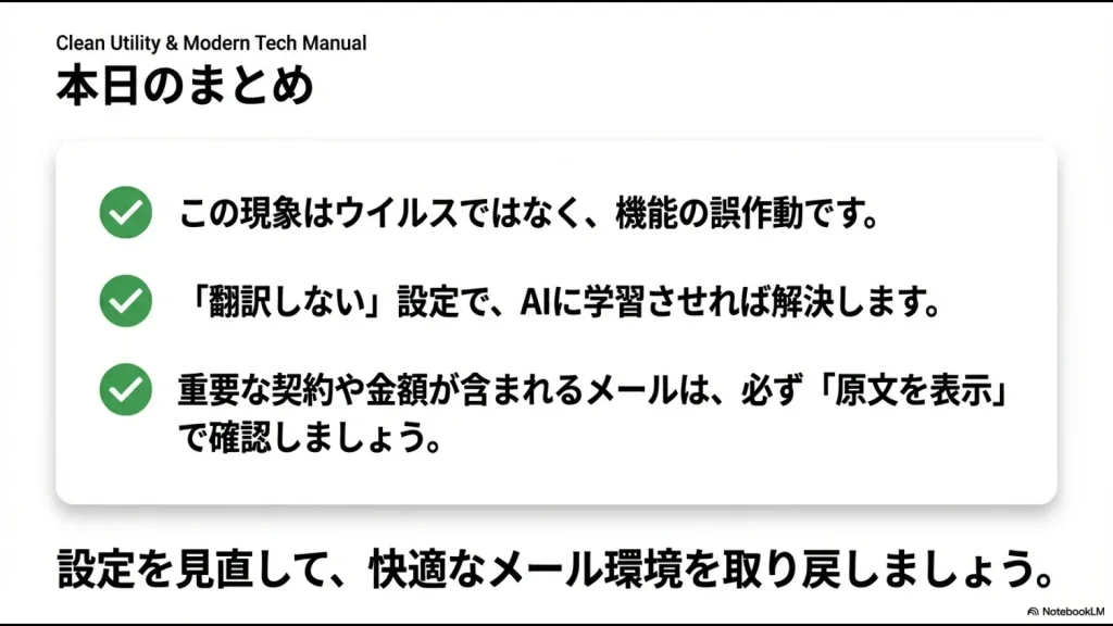 Gmailの翻訳現象は誤作動であり、設定で解決できることや原文確認の重要性をまとめたスライド