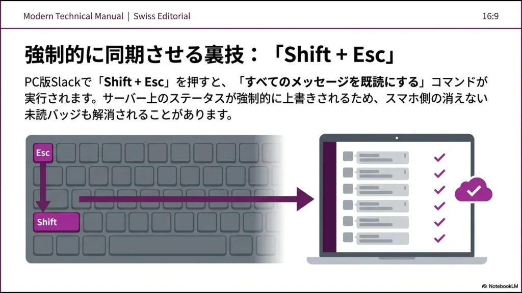 PC版SlackでShiftキーとEscキーを同時に押して全メッセージを既読にし、スマホ側のバッジを同期させる方法