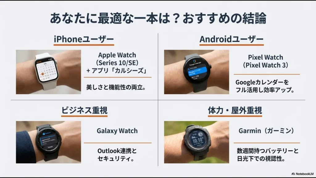iPhoneユーザー、ビジネス重視、Androidユーザー、屋外重視の各タイプに最適な機種をまとめた結論図