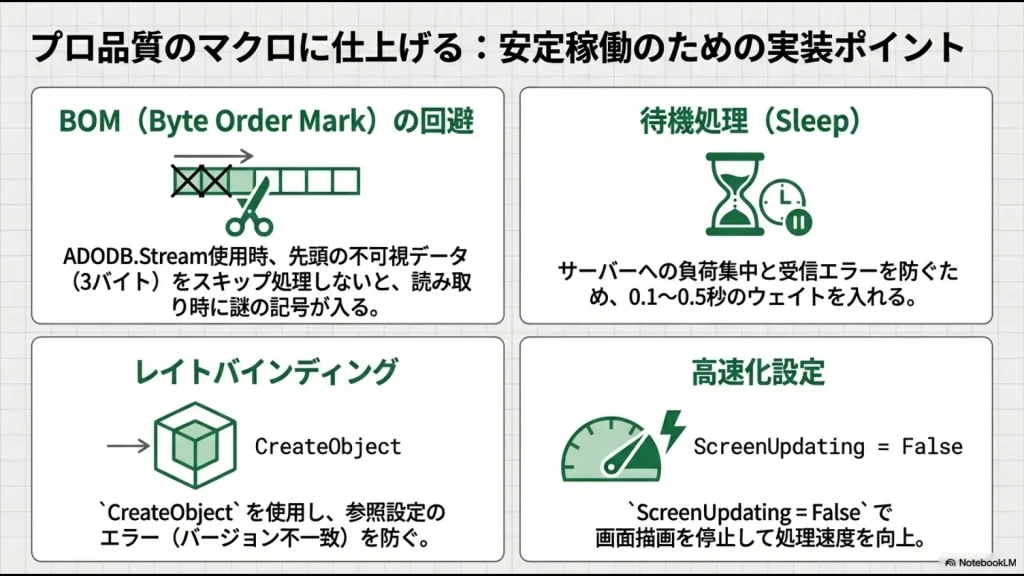 BOMの回避、待機処理（Sleep）、レイトバインディングなどの実装のコツをまとめた図