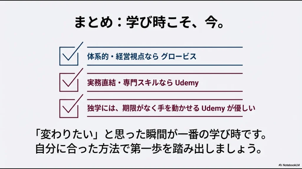 体系的・経営視点ならグロービス、実務直結ならUdemyという比較まとめスライド