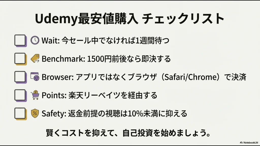 待機、価格、ブラウザ、ポイント、返金の5項目をまとめたUdemy購入チェックリスト