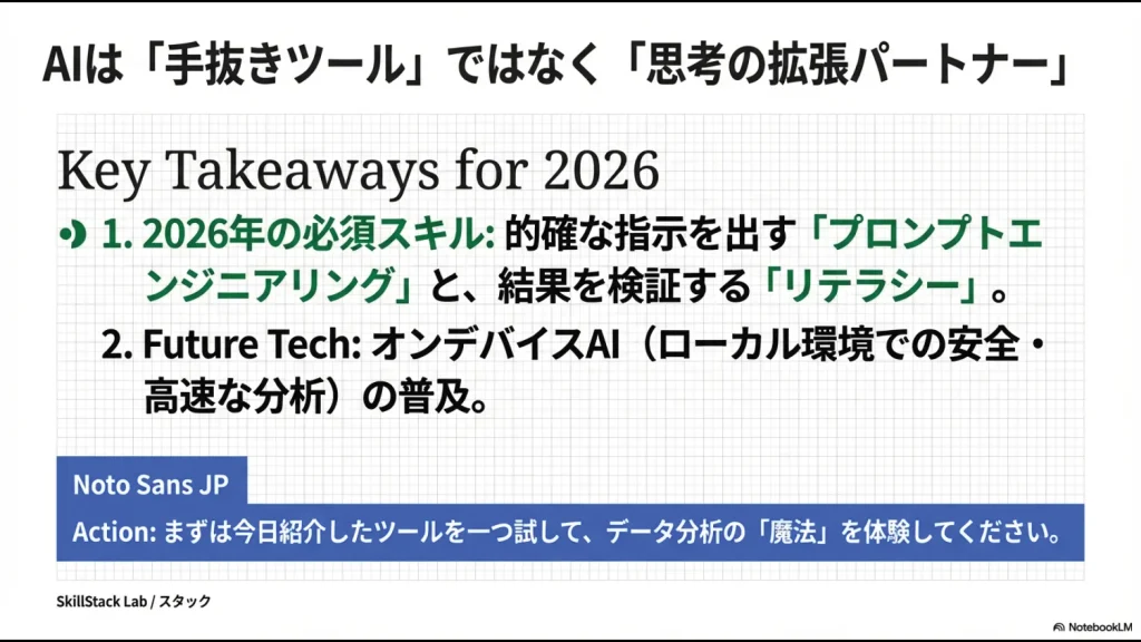 プロンプトエンジニアリングとリテラシーの重要性、そしてオンデバイスAIの普及という将来展望をまとめたクロージングスライド。