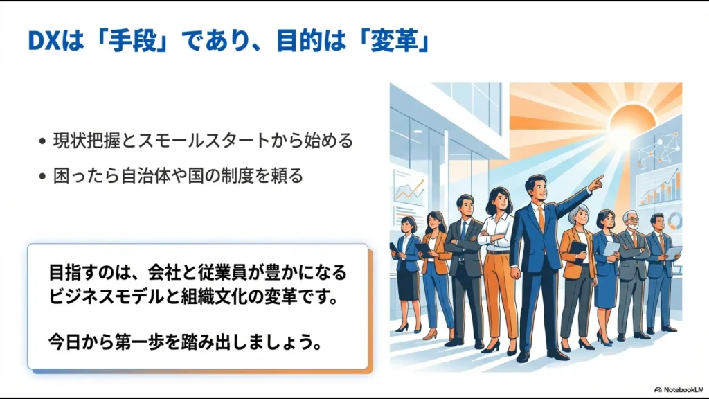 未来を指差すリーダーとチームのイラスト。「変革」を目的としたDXの第一歩を促す図。