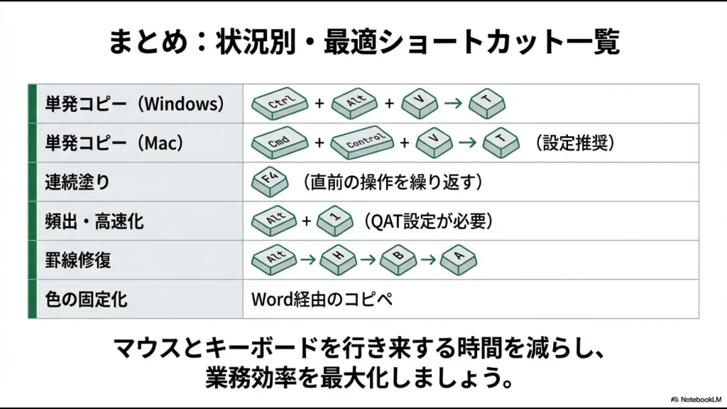 エクセルで色だけコピーするためのWindows、Mac、連続操作、罫線修復などの状況別ショートカットキー一覧表