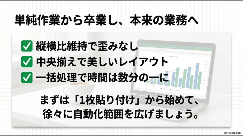 縦横比維持、中央揃え、一括処理による時間短縮と品質向上のメリットまとめ