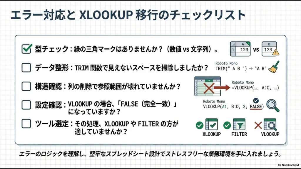 型・整形・構造・設定・ツール選定の5項目をまとめたエラー対策の総仕上げリスト
