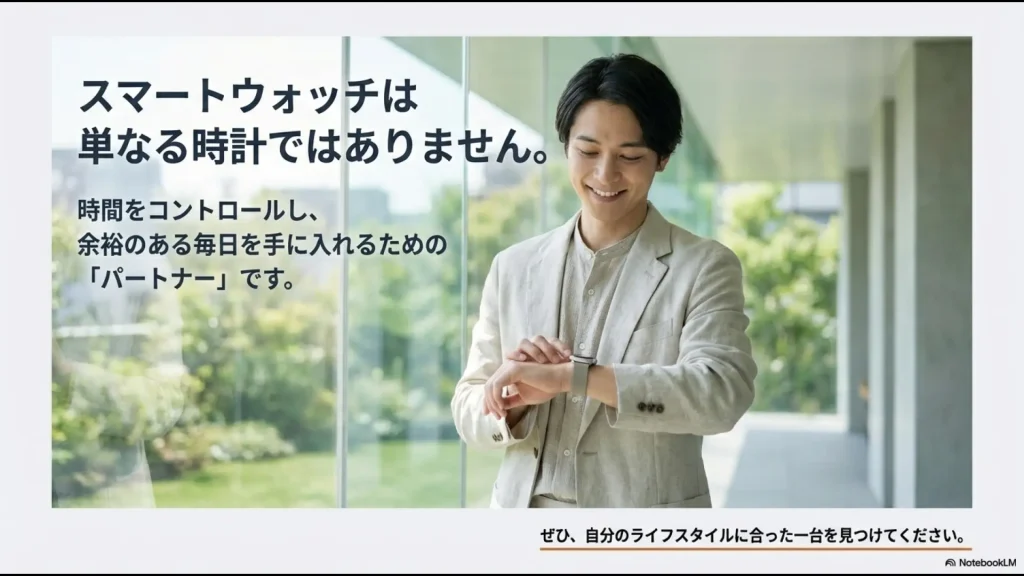 スマートウォッチが単なる時計ではなく、人生のパートナーであることを示すメッセージスライド