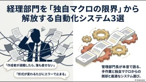 混乱する経理担当者が専用システムと歯車のイラストによって効率化されるイメージ図。