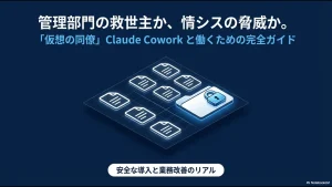 「管理部門の救世主か、情シスの脅威か。Claude Coworkと働くための完全ガイド」と書かれた、ファイルと鍵のアイコンが並ぶタイトルスライド画像