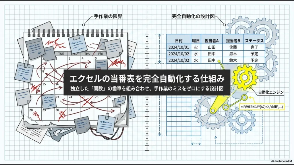 独立した関数の歯車を組み合わせて手作業のミスをゼロにするエクセル当番表自動化の全体設計図スライド