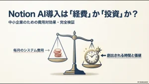 Notion AIの導入コストと創出される価値・時間を天秤で比較したイメージ図。