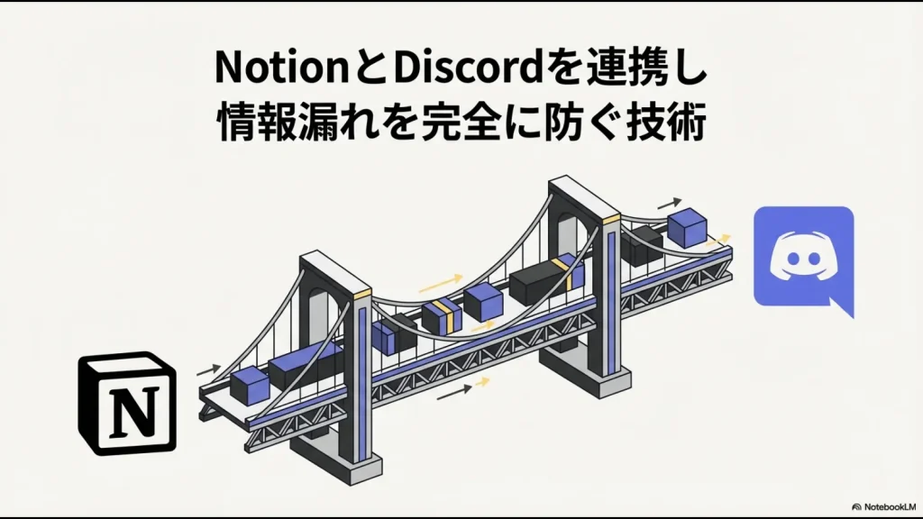 NotionとDiscordを橋のように繋ぎ、情報の流れをスムーズにする連携イメージ図。