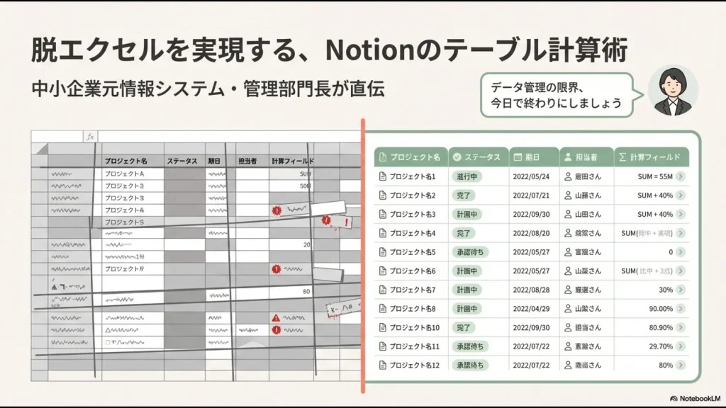 中小企業元情シスが教える、脱エクセルとNotionテーブル計算術の解説資料表紙