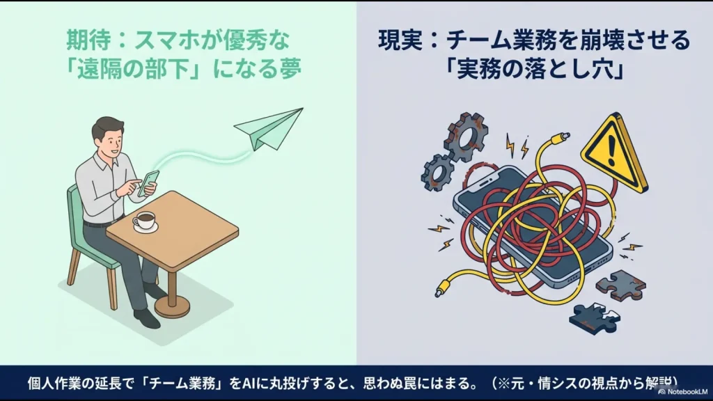 外出先からAIで業務が回るという「期待」と、チーム業務を崩壊させる「現実の落とし穴」を比較したイラスト。