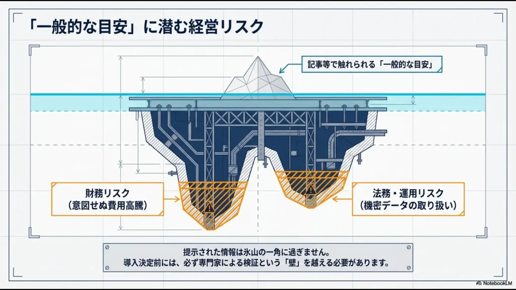 記事で語られる「一般的な目安」は氷山の一角であり、水面下に財務・法務リスクが隠れていることを示すイラスト