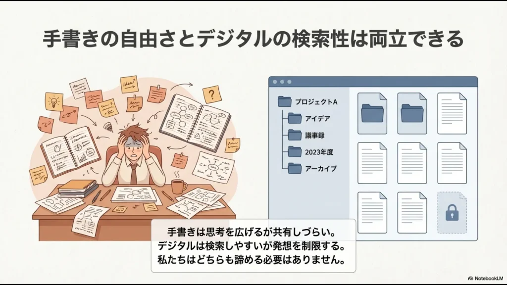散乱したメモに悩む人物と、整理されたデジタルアーカイブの対比図 。