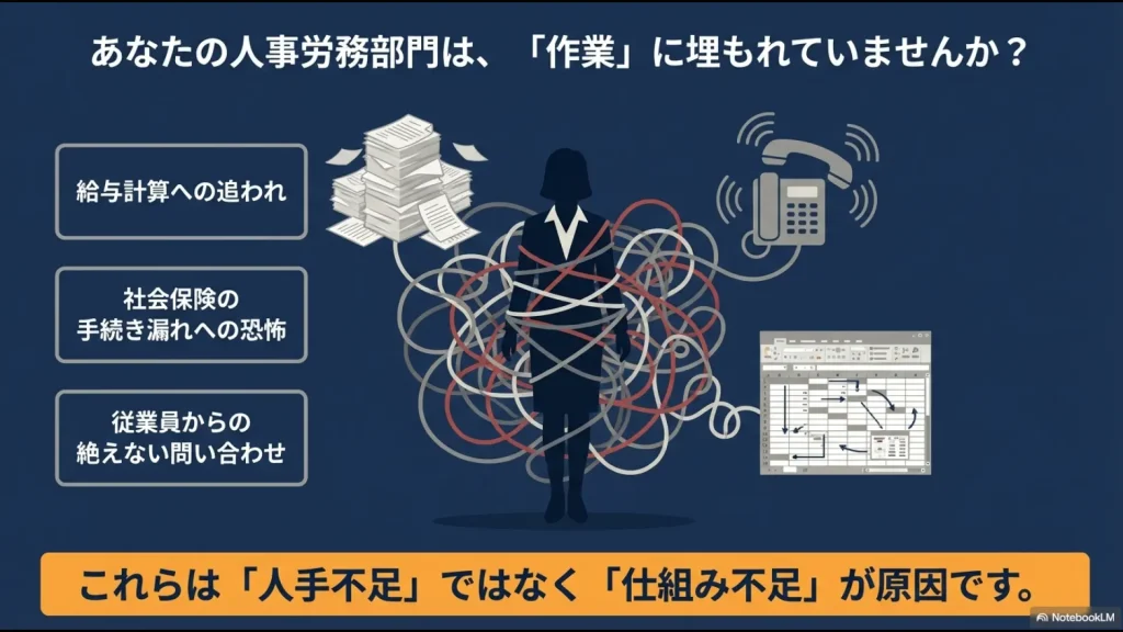 給与計算や手続き漏れの恐怖、問い合わせ対応など、人手不足ではなく仕組み不足が原因で作業に追われる様子を描いた図