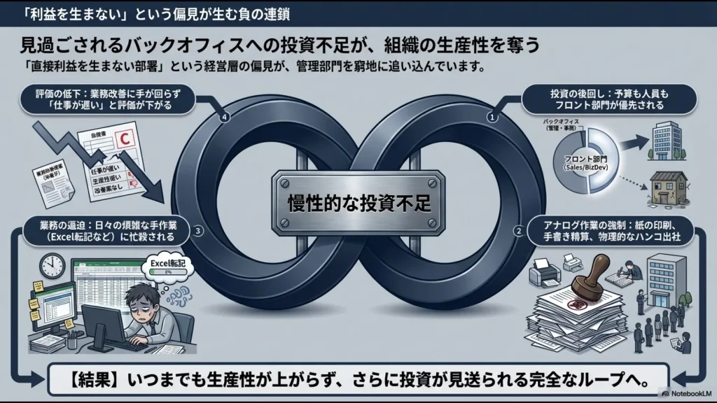 経営層の偏見による投資不足からアナログ作業が強制され、生産性が低下してさらに評価が下がる負の連鎖の図解